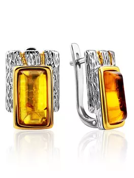 Стильные серьги «Бубинга» из серебра и натурального коньячного янтаря