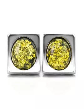 Стильные серьги «Фиджи крупные» из серебра с натуральным янтарём зелёного цвета