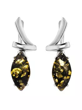 Стильные серьги «Ирис» с зелёным янтарём