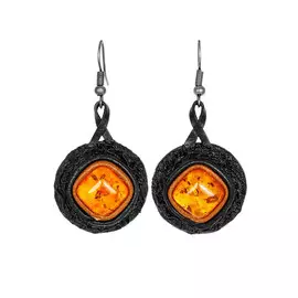 Стильные серьги из кожи с натуральным янтарём «Нефертити»