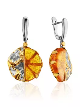 Стильные серьги из «мятого» серебра и натурального янтаря «Корица»