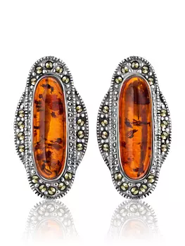 Стильные серьги с марказитами и коньячного янтаря «Эйфория»