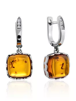 Стильные серьги из серебра с натуральным янтарём и фианитами «Ренессанс»