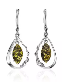 Стильные серьги «Рапсодия» из серебра и янтаря зелёного цвета