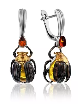 Стильные серьги «Скарабей» из натурального балтийского янтаря лимонного цвета и серебра
