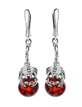 Стильные серьги «Скорпион» из серебра и вишнёвого янтаря