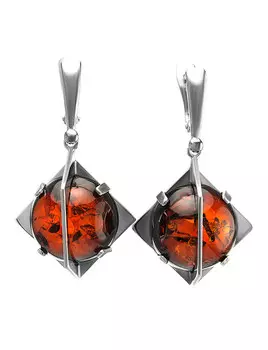 Стильные серьги со вставками из натурального янтаря вишневого цвета «Сатурн»