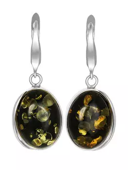 Стильные серьги с искрящимся темно-зелёным янтарём «Лагуна»