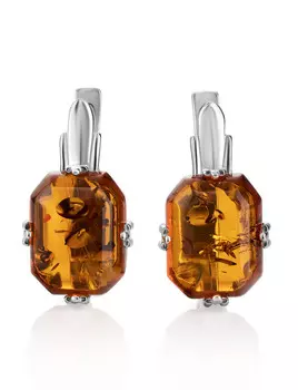 Стильные серебряные серьги с крупными восьмиугольными вставками натурального коньячного янтаря «Марокко»