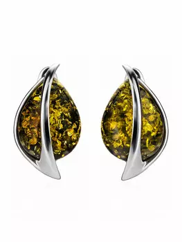 Стильные серебряные серьги с натуральным янтарём зелёного цвета «Голконда»