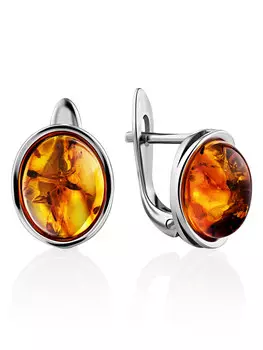 Стильные серебряные серьги с небольшими овальными вставками натурального янтаря чайного цвета «Амиго»