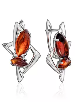 Стильные серьги со вставками из коньячного янтаря «Пегас»