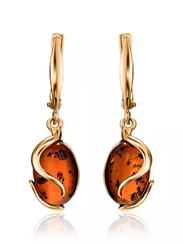 Удлинённые серьги «Голконда» из позолоченного серебра с янтарём коньячного цвета