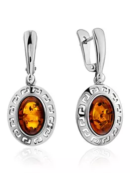 Удлинённые серьги из серебра и натурального нежно-коньячного янтаря «Эллада»