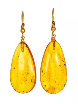 Удлинённые серьги «Паланга» из позолоченного серебра и янтаря с насекомыми