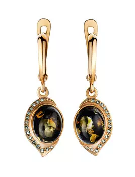 Удлинённые серьги «Ренессанс» из золота с зелёным янтарём