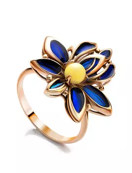 Великолепное позолоченное кольцо с натуральным янтарём и эмалью Verona