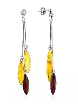 Янтарные серьги «Алмазная грань трехцветная» на цепочке с застежкой-пусетой