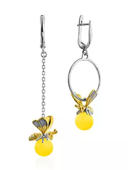 Яркие эффектные серьги «Винни Пух» из серебра с позолотой и янтаря