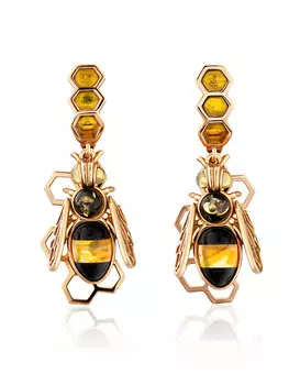 Яркие эффектные серьги «Винни Пух» из золоченного серебра и янтаря