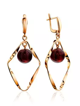 Яркие броские серьги из позолоченного серебра с вишнёвым янтарём «Рапсодия»