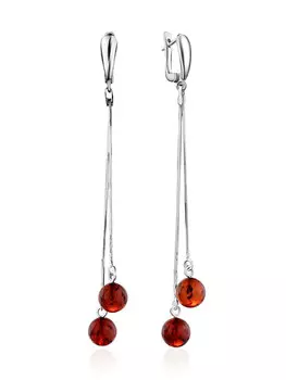 Яркие длинные серьги из янтаря коньячного цвета и серебра «Рябина»