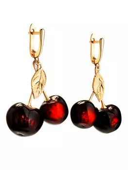Яркие и оригинальные серьги «Вишенка» из позолоченного серебра и вишнёвого янтаря