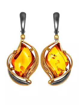 Яркие крупные серьги из натурального коньячного янтаря в серебре «Филигрань»