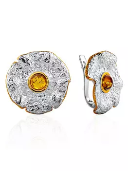 Яркие крупные серьги «Мак» из натурального золотистого янтаря