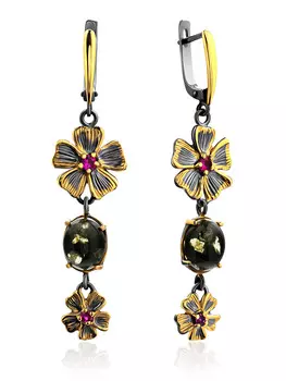 Яркие нарядные серьги «Бальзамин» с янтарём зелёного цвета