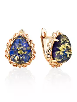 Яркие нарядные серьги «Луксор» из позолоченного серебра и синего янтаря