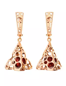 Яркие серьги из позолоченного серебра и натурального янтаря вишнёвого цвета «Женева»