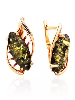 Яркие серьги с натуральным янтарём зелёного цвета «Росянка»