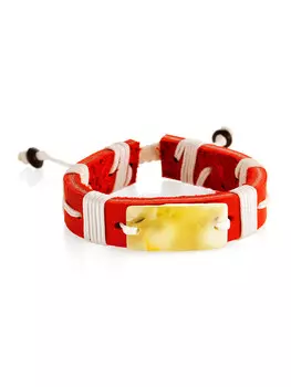 Яркий браслет из красной кожи и натурального цельного янтаря «Копакабана»