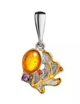 Яркий нарядный кулон «Беатриче» из серебра и натурального коньячного янтаря