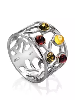 Яркое широкое кольцо «Лимбо» из янтаря разных цветов