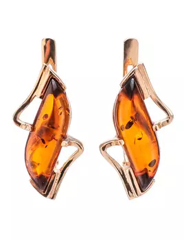 Золотые серьги со вставками из натурального балтийского янтаря коньячного цвета «Веста»