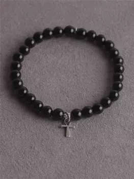 Браслет "Анкх" из черного агата 6 мм