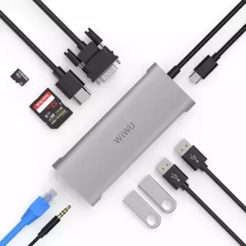 Адаптер WIWU Alpha 11 в 1 USB-C HUB на USB 3.0*3/USB 2.0/Type-C/SD/HDMI/Micro SD/RJ45/3.5 Stereo/VGA (A11) (Gray)
