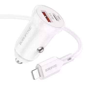Автомобильное зарядное устройство Borofone BZ18A USB/Type-C/кабель Type-C- Lightning 20W (белый)