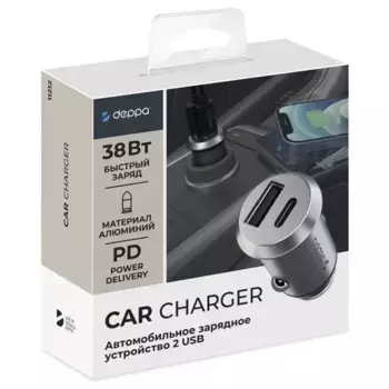 Автомобильное зарядное устройство Deppa (11212) Car Charger USB/Type-C/38W (серебристый)