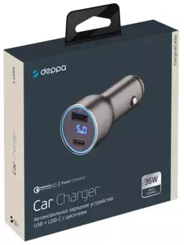 Автомобильное зарядное устройство Deppa (11294) Fast Charge USB/Type-C/LED дисплей 36W (графит)