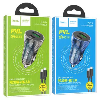 Автомобильное зарядное устройство Hoco Z47A Transparent USB/Type-C/кабель Type-C- Type-C 30W (синий)