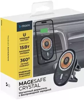 Автомобильный держатель Deppa (55205) Mage Safe Crystal/шарнир поворота телефона 360° в воздуховод (черный)
