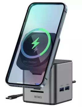 Беспроводное зарядное устройство WIWU Cube Hub 9 в1 Docking 100W Type-C/PD3.0/USB3.0х3/HDMI/RJ45/SD/TF (Wi-W025) (серый)