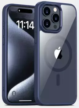 Чехол-накладка Mosbros Mag Comfortable для Apple iPhone 15 Pro пластиковый прозрачно-черный (синяя рамка)