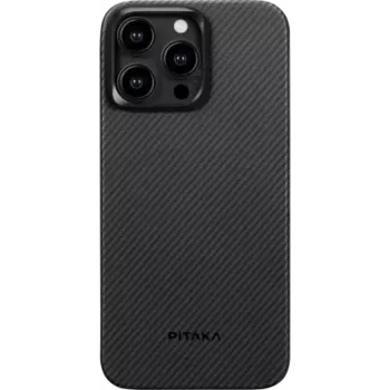 Чехол PITAKA MagEZ Case 4 для iPhone 15 Pro Max карбоновый кевлар (арамид) узкое плетение черно-серый в полоску