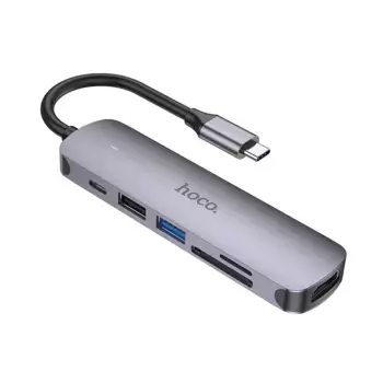 Переходник Hoco (HB28) Type-C на HDMI/USB3.0/USB2.0/USB-C/MicroSD/SD (Metal Gray)