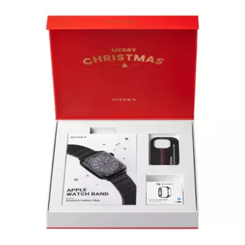 Подарочный комплект PITAKA Merry Christmas Ремешок Retro + Чехол для Apple Watch 38/40/41/42/44/45/49mm карбоновый (арамид) черно-серый