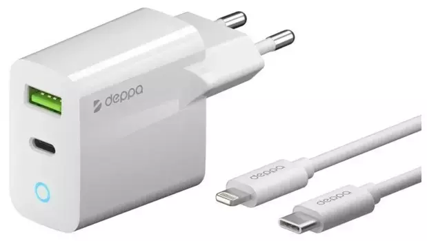 Сетевое зарядное устройство Deppa (11396) Wall charger 20W 3.0А USB/Type-C+ кабель Type-C/Lightning (белый)